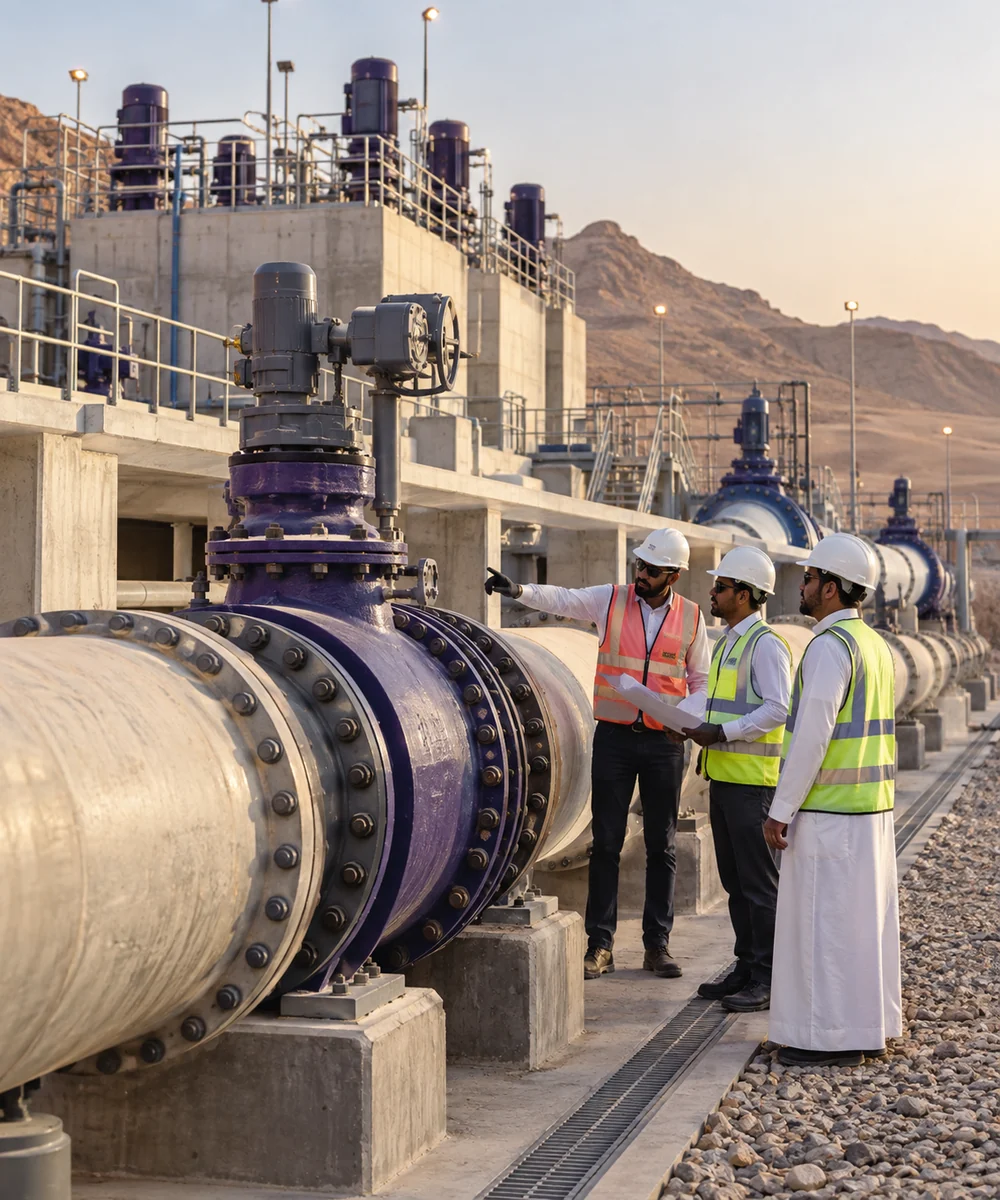 فريق هندسي يعاين تركيب خطوط مياه كبيرة